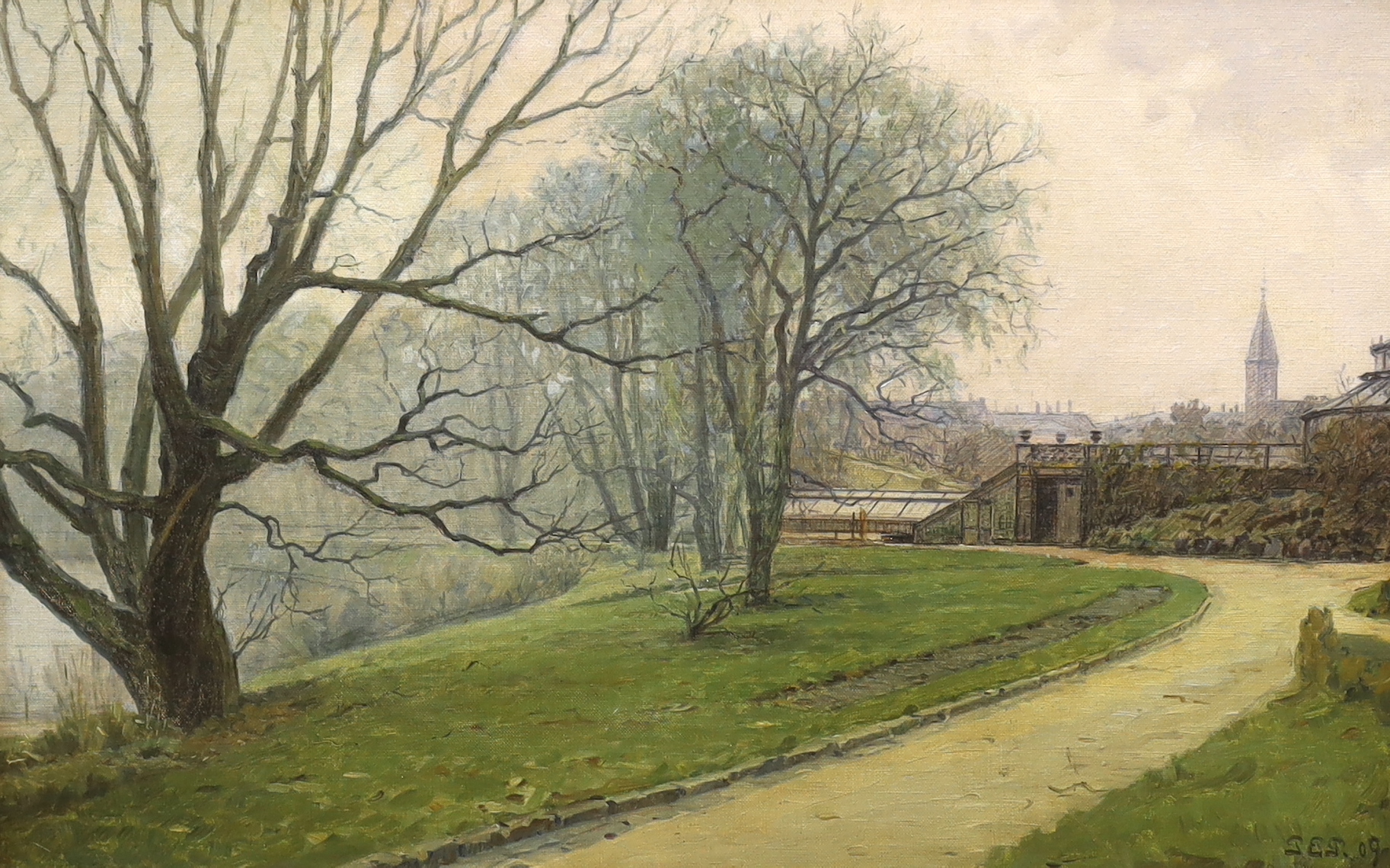 English School c.1910, oil on canvas, Copenhagen Botanical Gardens, initialled J E J and dated '09, 36 x 56cm